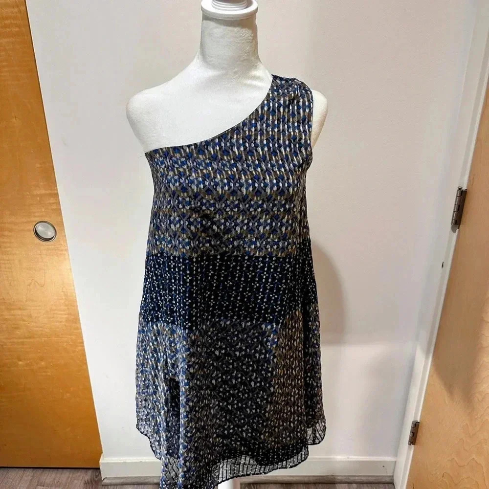 Anthropologie HD in Paris One-Shoulder Blue Patterned Dress - Size XS